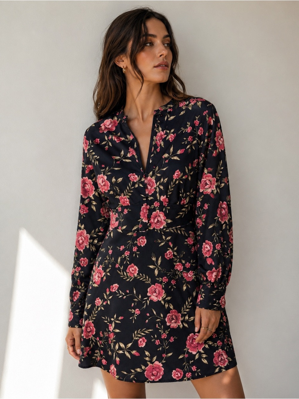 DYNAMITE Dark Floral Mini Dress Sz S Long Sleeve V-Neck Empire Waist Whimsy Goth